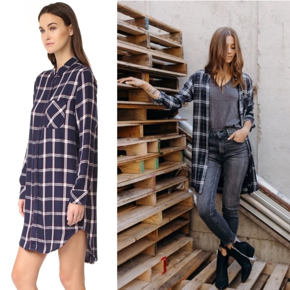 Rails Bianca Plaid Shirt Dress Burgundy Navy White Button Down Long Sleeve | S